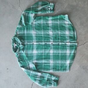 Woman Within Green and White Plaid Flannel Women's Button Shirt